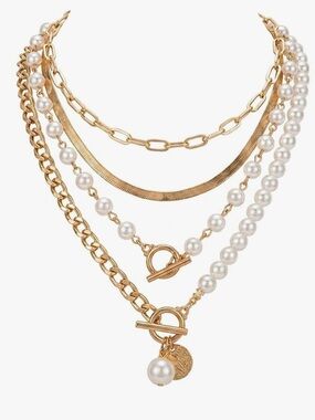 Anthropologie Layered Pearl and Gold Toggle Necklace